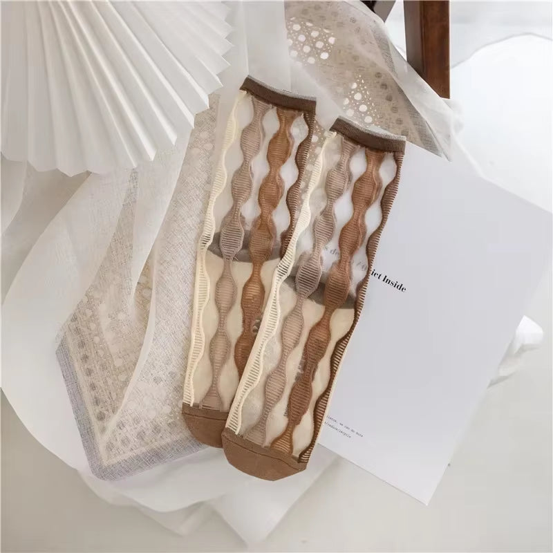 Novelty Harajuku Crystal Silk Socks Summer Ultra-Thin Transparent Glass Silk Sock Cartoon Print Japanese Kawaiii Cute Long Socks