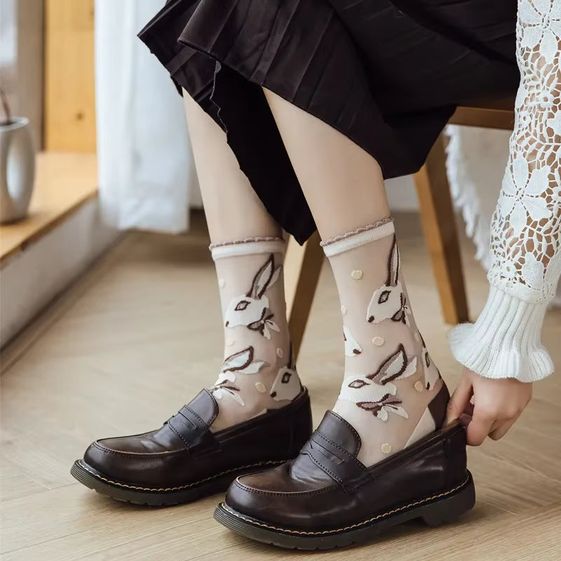 Novelty Harajuku Crystal Silk Socks Summer Ultra-Thin Transparent Glass Silk Sock Cartoon Print Japanese Kawaiii Cute Long Socks