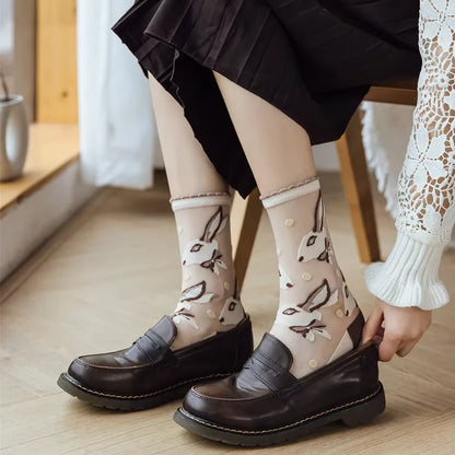 Novelty Harajuku Crystal Silk Socks Summer Ultra-Thin Transparent Glass Silk Sock Cartoon Print Japanese Kawaiii Cute Long Socks