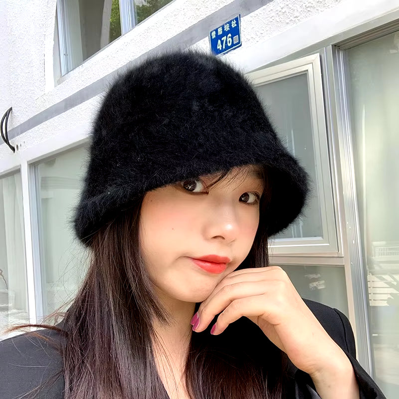 2020 Hat Winter Women'S Fashion Solid Color Rabbit Fur Hat Bucket Cap Fisherman'S Hat Retro Knitted Wool Basin Bucket Hat