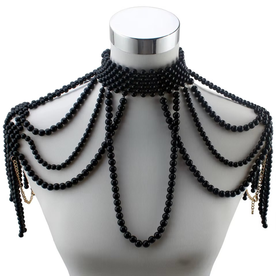 Chunky Bead Pendant Choker Long Statement Necklace for Women Fashion Chain Costume Body Jewelry Pearl Shoulder Necklace