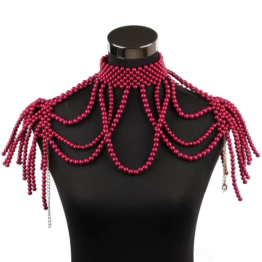 Chunky Bead Pendant Choker Long Statement Necklace for Women Fashion Chain Costume Body Jewelry Pearl Shoulder Necklace