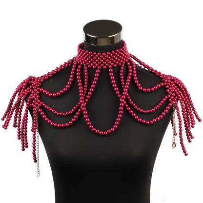 Chunky Bead Pendant Choker Long Statement Necklace for Women Fashion Chain Costume Body Jewelry Pearl Shoulder Necklace