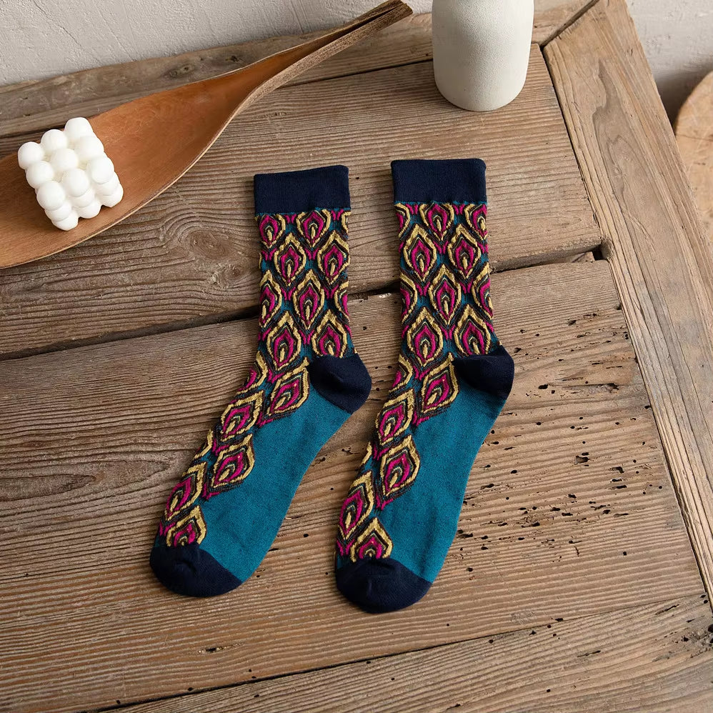 1Pairs Long Socks Women Retor Luxury Autumn Winter Peacock Feather Pattern Harajuku Style Soken Chaussette Femme
