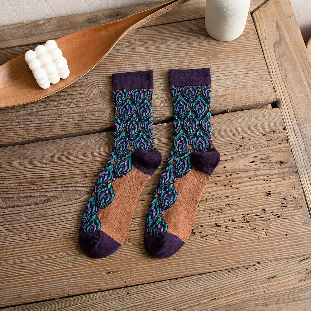 1Pairs Long Socks Women Retor Luxury Autumn Winter Peacock Feather Pattern Harajuku Style Soken Chaussette Femme