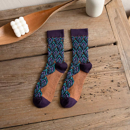 1Pairs Long Socks Women Retor Luxury Autumn Winter Peacock Feather Pattern Harajuku Style Soken Chaussette Femme