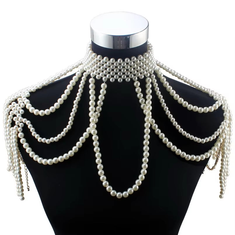 Chunky Bead Pendant Choker Long Statement Necklace for Women Fashion Chain Costume Body Jewelry Pearl Shoulder Necklace