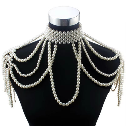 Chunky Bead Pendant Choker Long Statement Necklace for Women Fashion Chain Costume Body Jewelry Pearl Shoulder Necklace