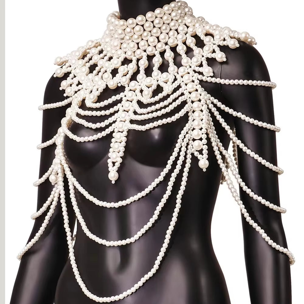 Most Popular Luxury Pearl Body Chain Vest Instagram Blogger with European Hand-Beaded Pearl Shoulder Chain Jewelry
