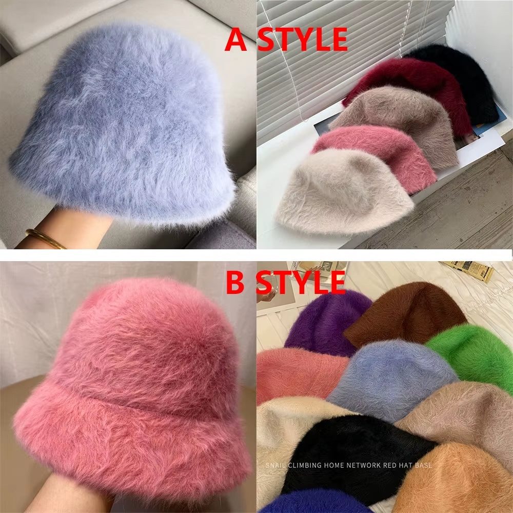 2020 Hat Winter Women'S Fashion Solid Color Rabbit Fur Hat Bucket Cap Fisherman'S Hat Retro Knitted Wool Basin Bucket Hat