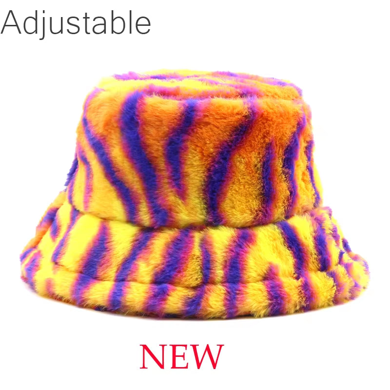 Winter Cow Leopard Faux Fur Fluffy Bucket Hats Women Outdoor Warm Sun Hat Soft Velvet Furry Fisherman Cap Girl Fashion Panama