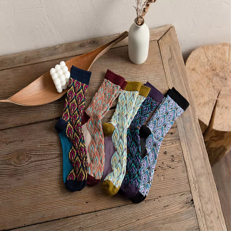 1Pairs Long Socks Women Retor Luxury Autumn Winter Peacock Feather Pattern Harajuku Style Soken Chaussette Femme