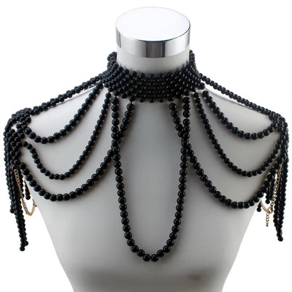 Chunky Bead Pendant Choker Long Statement Necklace for Women Fashion Chain Costume Body Jewelry Pearl Shoulder Necklace