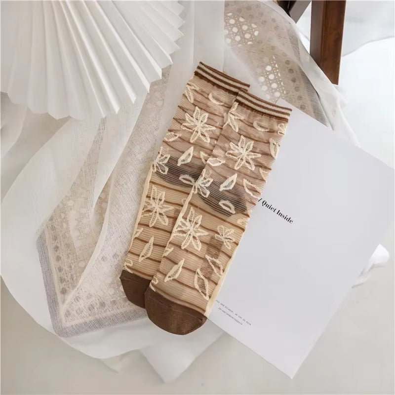 Novelty Harajuku Crystal Silk Socks Summer Ultra-Thin Transparent Glass Silk Sock Cartoon Print Japanese Kawaiii Cute Long Socks