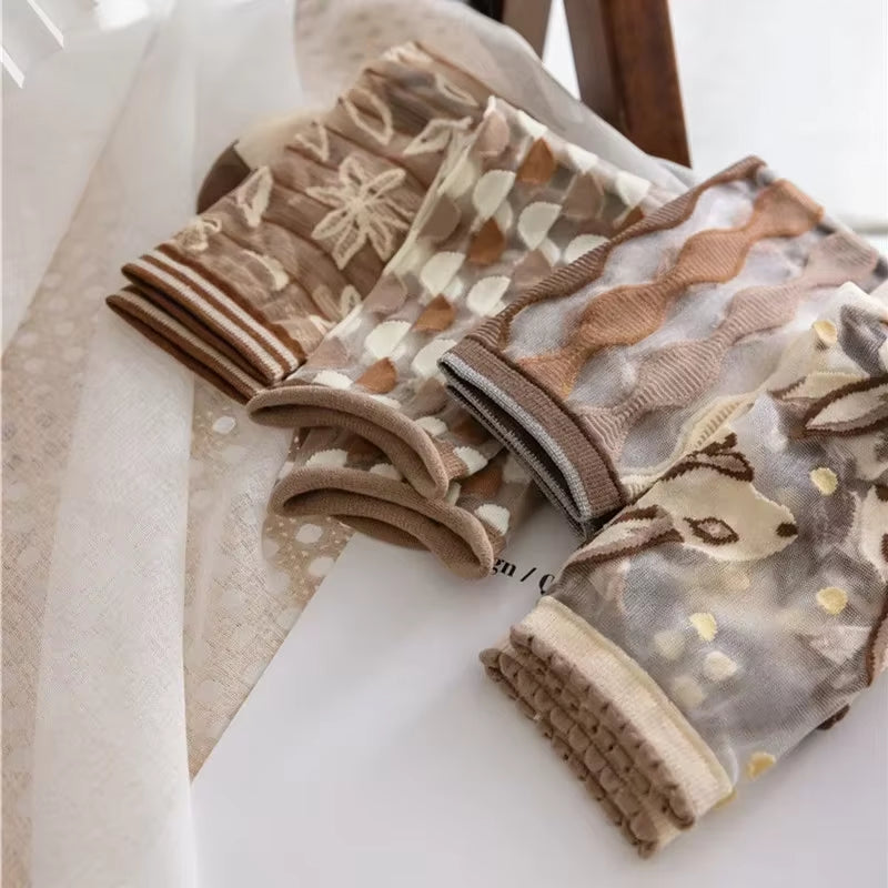 Novelty Harajuku Crystal Silk Socks Summer Ultra-Thin Transparent Glass Silk Sock Cartoon Print Japanese Kawaiii Cute Long Socks