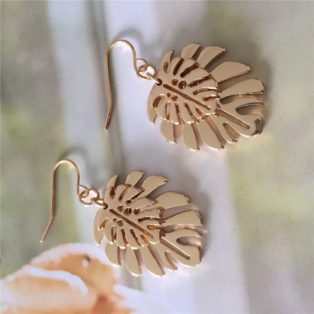 New Trend Gold Color Plating Monstera Leaf Overlap Drop Earrings for Women Girl Elegant Naturalism Casual Jewelry Hot Summer