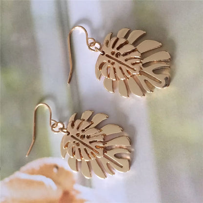 New Trend Gold Color Plating Monstera Leaf Overlap Drop Earrings for Women Girl Elegant Naturalism Casual Jewelry Hot Summer