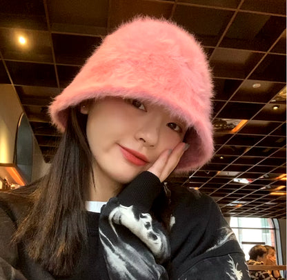 2020 Hat Winter Women'S Fashion Solid Color Rabbit Fur Hat Bucket Cap Fisherman'S Hat Retro Knitted Wool Basin Bucket Hat