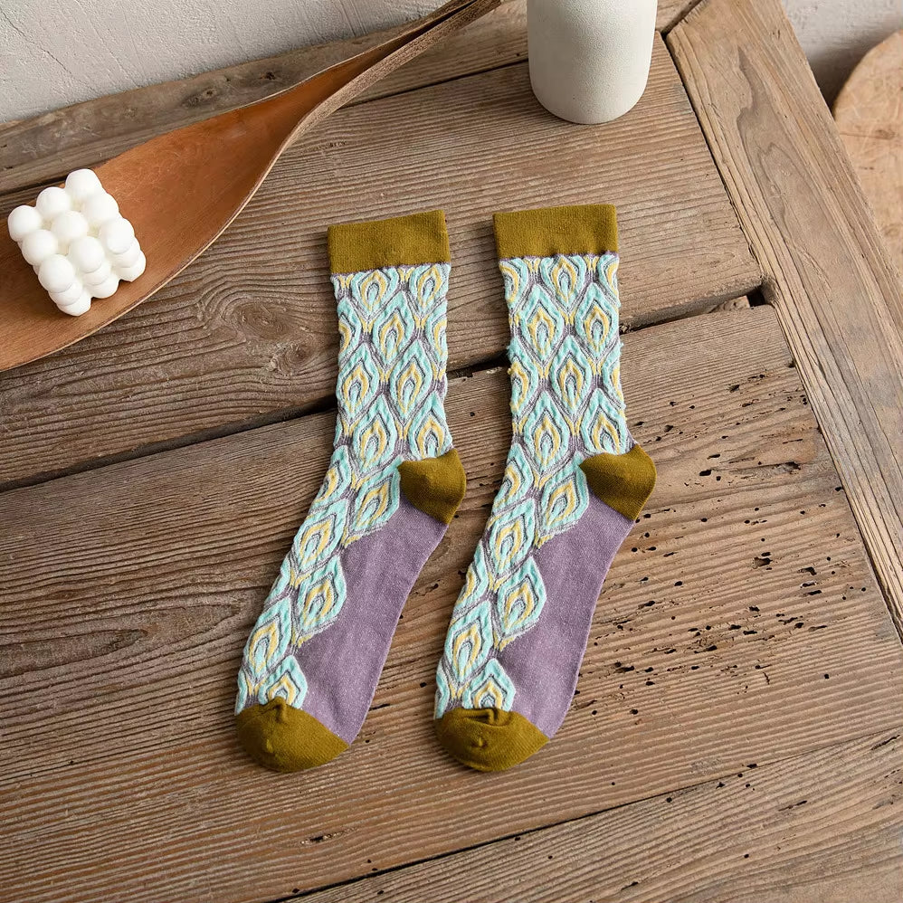 1Pairs Long Socks Women Retor Luxury Autumn Winter Peacock Feather Pattern Harajuku Style Soken Chaussette Femme