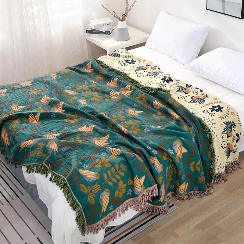 100% Cotton Nordic Soft Large Fashion Muslin Summer Throw Blanket Cover for Sofa Boho Blue Green Warm Bedspread Blankets for Bed