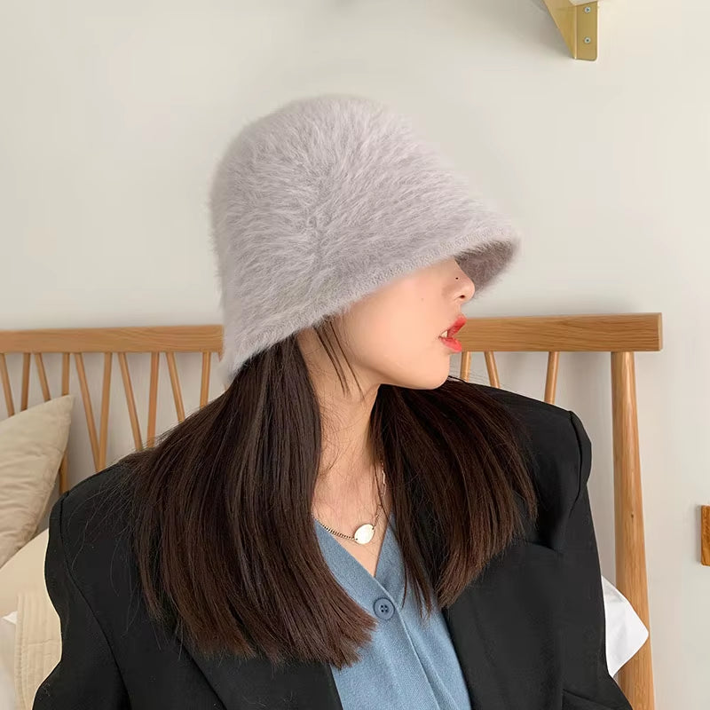 2020 Hat Winter Women'S Fashion Solid Color Rabbit Fur Hat Bucket Cap Fisherman'S Hat Retro Knitted Wool Basin Bucket Hat