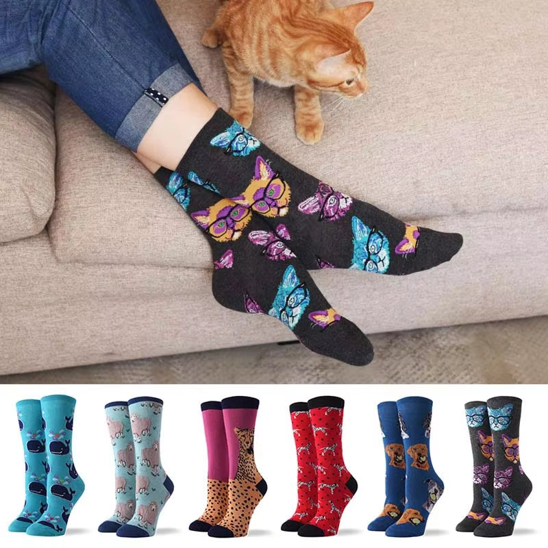 Cute Animals Funny Socks Women Cotton Creative Mermaid Fish Pug Design Japanese Harajuku Crew Calcetines Mujer Divertidos Sokken