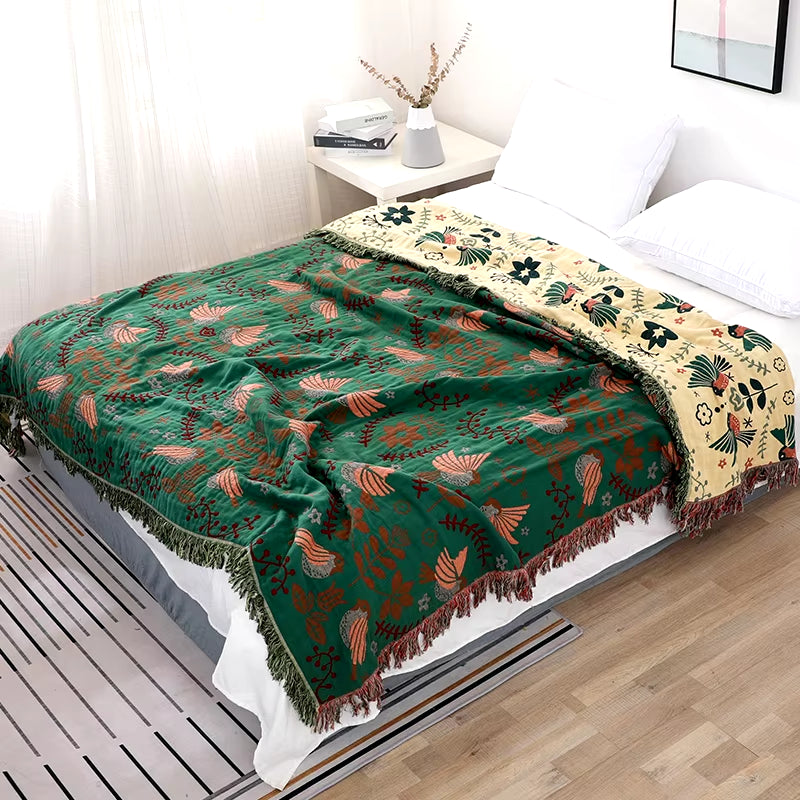 100% Cotton Nordic Soft Large Fashion Muslin Summer Throw Blanket Cover for Sofa Boho Blue Green Warm Bedspread Blankets for Bed