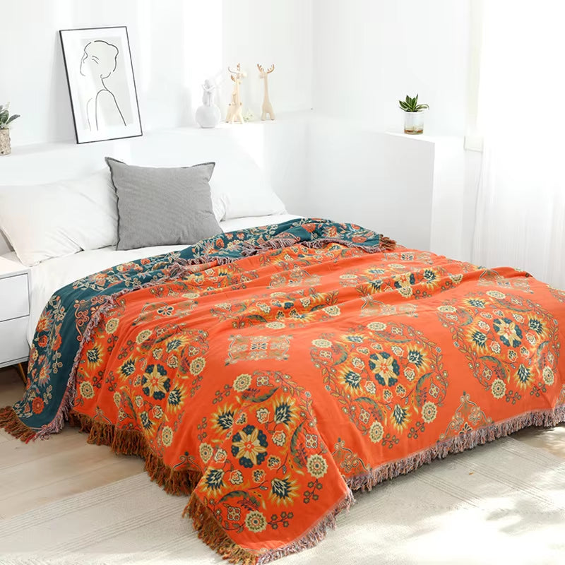 100% Cotton Printed Bohemian Blanket Bedspread for Bed Green Muslin Large Soft Summer Blanket Throw Cover for Sofa Тонкое Одея