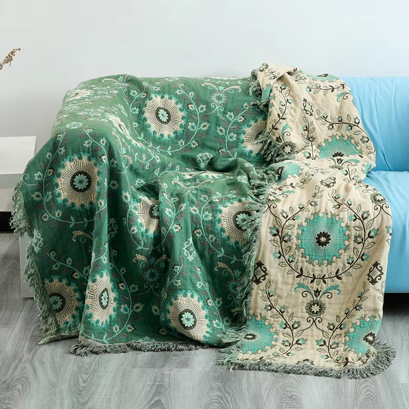 100% Cotton Printed Bohemian Blanket Bedspread for Bed Green Muslin Large Soft Summer Blanket Throw Cover for Sofa Тонкое Одея