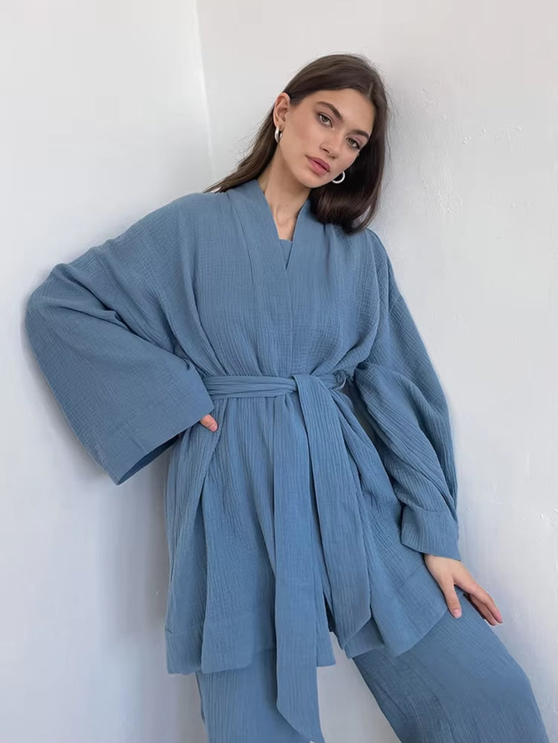 100% Cotton Women'S Nightgown Robe Pajama Sets Flare Nightgown Trouser Suits Drop Sleeves Set Woman 2 Pieces Bathrobe for Women