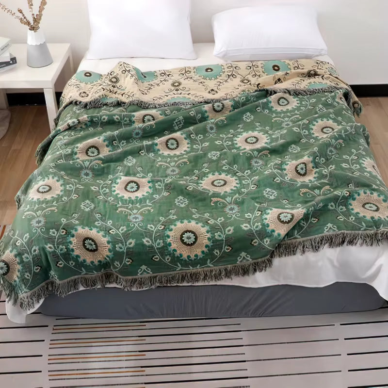100% Cotton Printed Bohemian Blanket Bedspread for Bed Green Muslin Large Soft Summer Blanket Throw Cover for Sofa Тонкое Одея