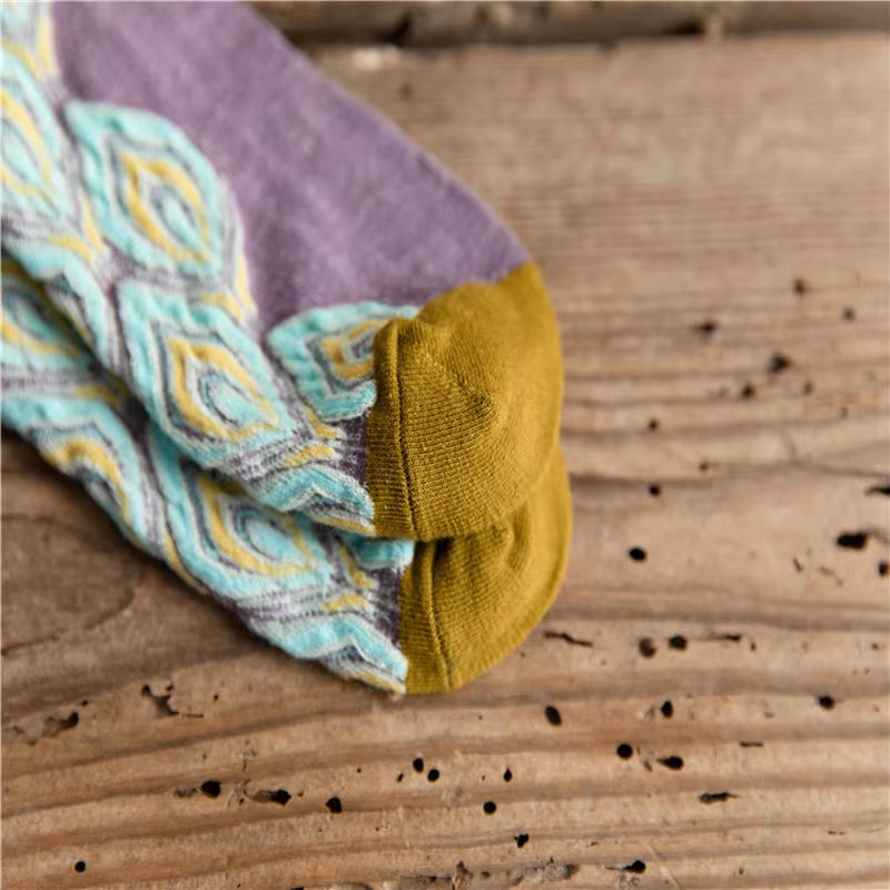 1Pairs Long Socks Women Retor Luxury Autumn Winter Peacock Feather Pattern Harajuku Style Soken Chaussette Femme