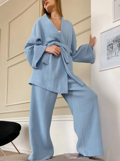 100% Cotton Women'S Nightgown Robe Pajama Sets Flare Nightgown Trouser Suits Drop Sleeves Set Woman 2 Pieces Bathrobe for Women