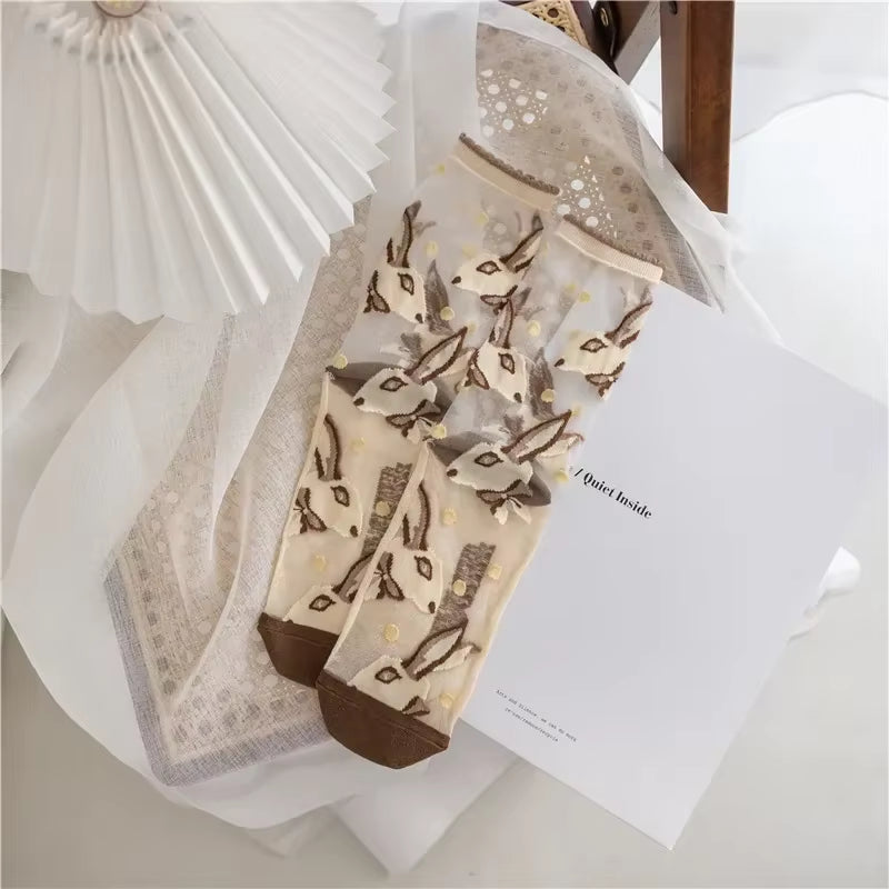 Novelty Harajuku Crystal Silk Socks Summer Ultra-Thin Transparent Glass Silk Sock Cartoon Print Japanese Kawaiii Cute Long Socks