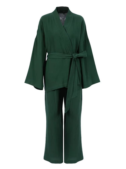 100% Cotton Women'S Nightgown Robe Pajama Sets Flare Nightgown Trouser Suits Drop Sleeves Set Woman 2 Pieces Bathrobe for Women