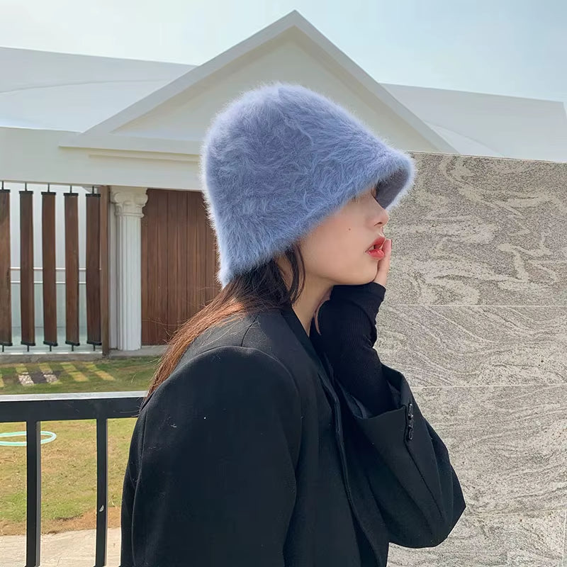 2020 Hat Winter Women'S Fashion Solid Color Rabbit Fur Hat Bucket Cap Fisherman'S Hat Retro Knitted Wool Basin Bucket Hat