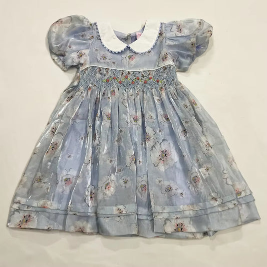 Little Girls Vintage Floral Smocked Dresses 2024 Summer Girls Short Sleeve Embroidery Smock Dress for Party Birthday Vestidos