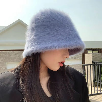 2020 Hat Winter Women'S Fashion Solid Color Rabbit Fur Hat Bucket Cap Fisherman'S Hat Retro Knitted Wool Basin Bucket Hat