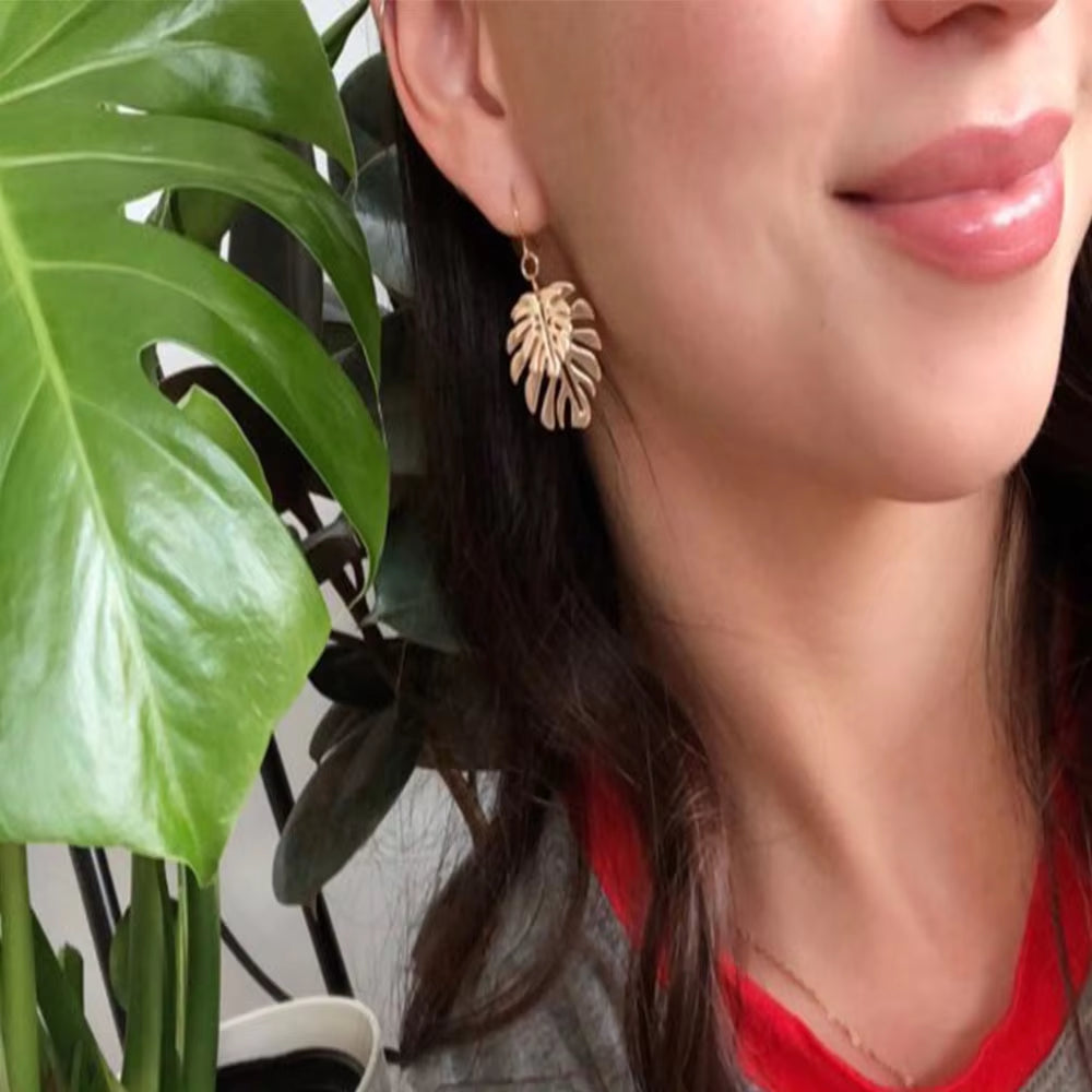 New Trend Gold Color Plating Monstera Leaf Overlap Drop Earrings for Women Girl Elegant Naturalism Casual Jewelry Hot Summer