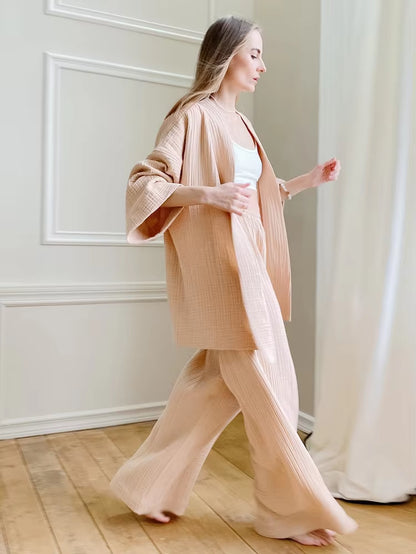 100% Cotton Women'S Nightgown Robe Pajama Sets Flare Nightgown Trouser Suits Drop Sleeves Set Woman 2 Pieces Bathrobe for Women