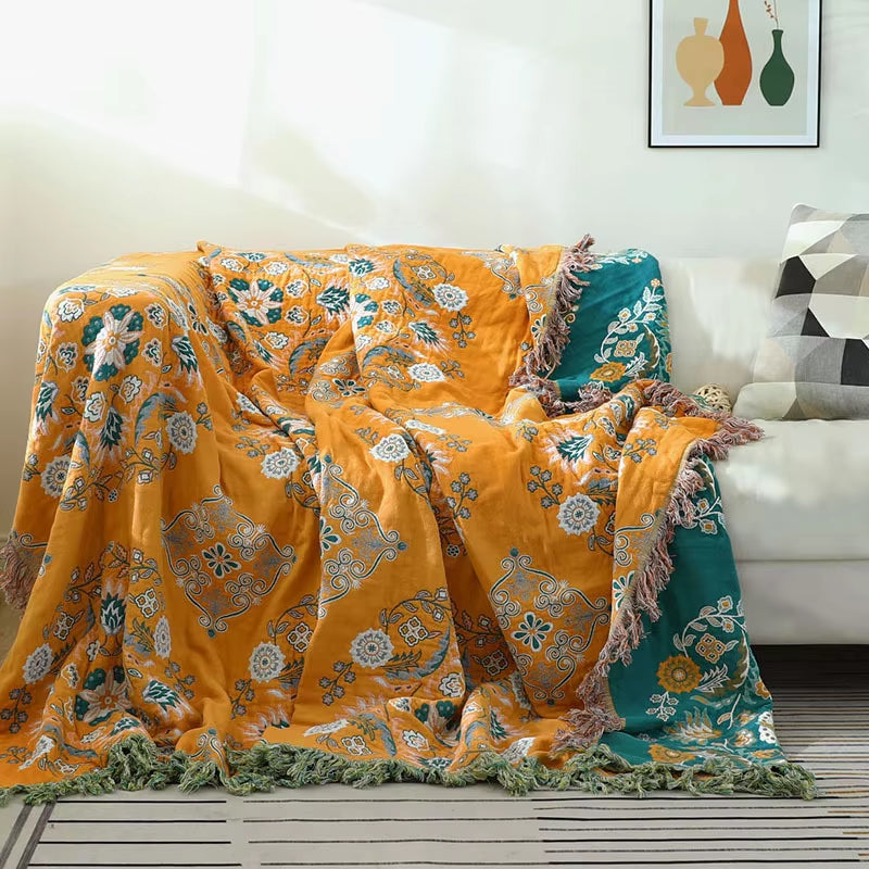 100% Cotton Printed Bohemian Blanket Bedspread for Bed Green Muslin Large Soft Summer Blanket Throw Cover for Sofa Тонкое Одея