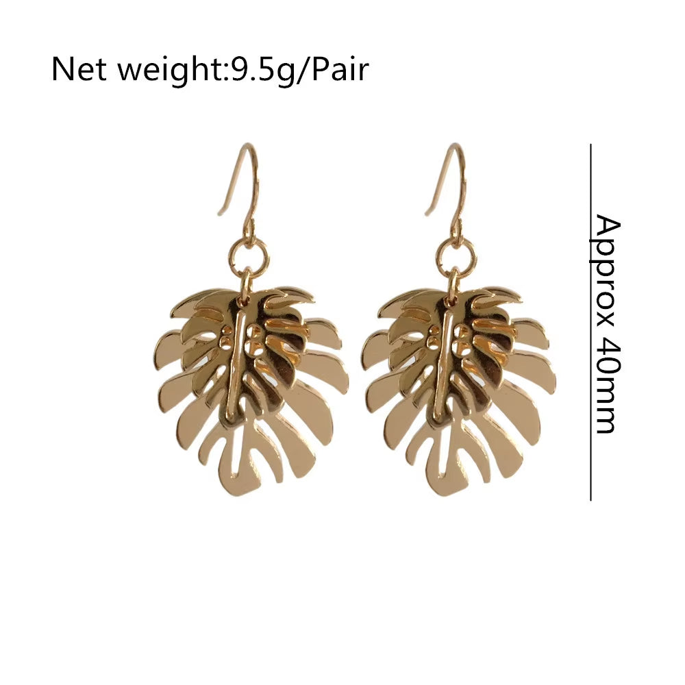New Trend Gold Color Plating Monstera Leaf Overlap Drop Earrings for Women Girl Elegant Naturalism Casual Jewelry Hot Summer
