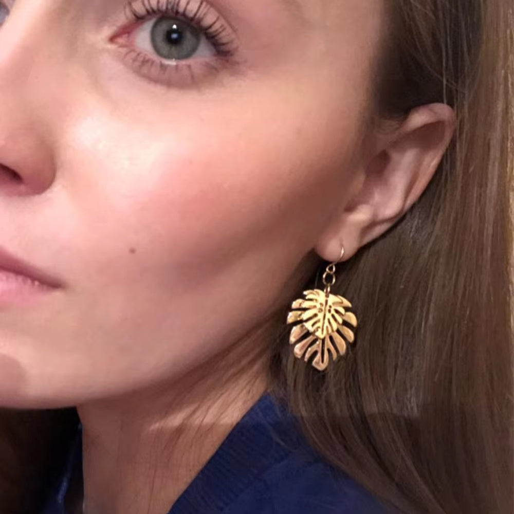 New Trend Gold Color Plating Monstera Leaf Overlap Drop Earrings for Women Girl Elegant Naturalism Casual Jewelry Hot Summer