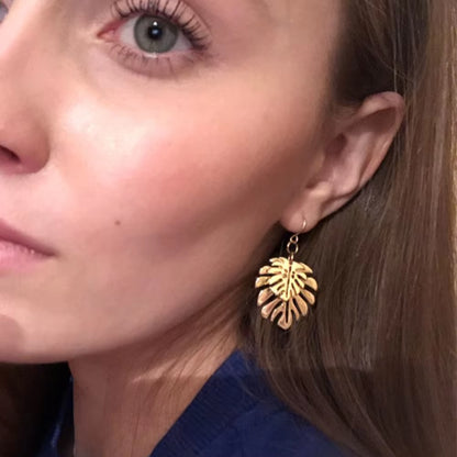 New Trend Gold Color Plating Monstera Leaf Overlap Drop Earrings for Women Girl Elegant Naturalism Casual Jewelry Hot Summer