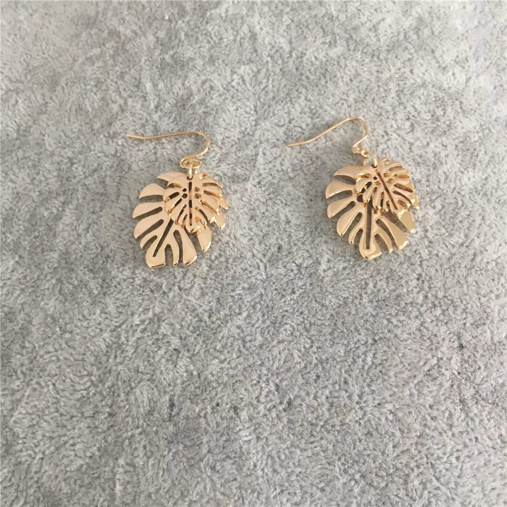 New Trend Gold Color Plating Monstera Leaf Overlap Drop Earrings for Women Girl Elegant Naturalism Casual Jewelry Hot Summer